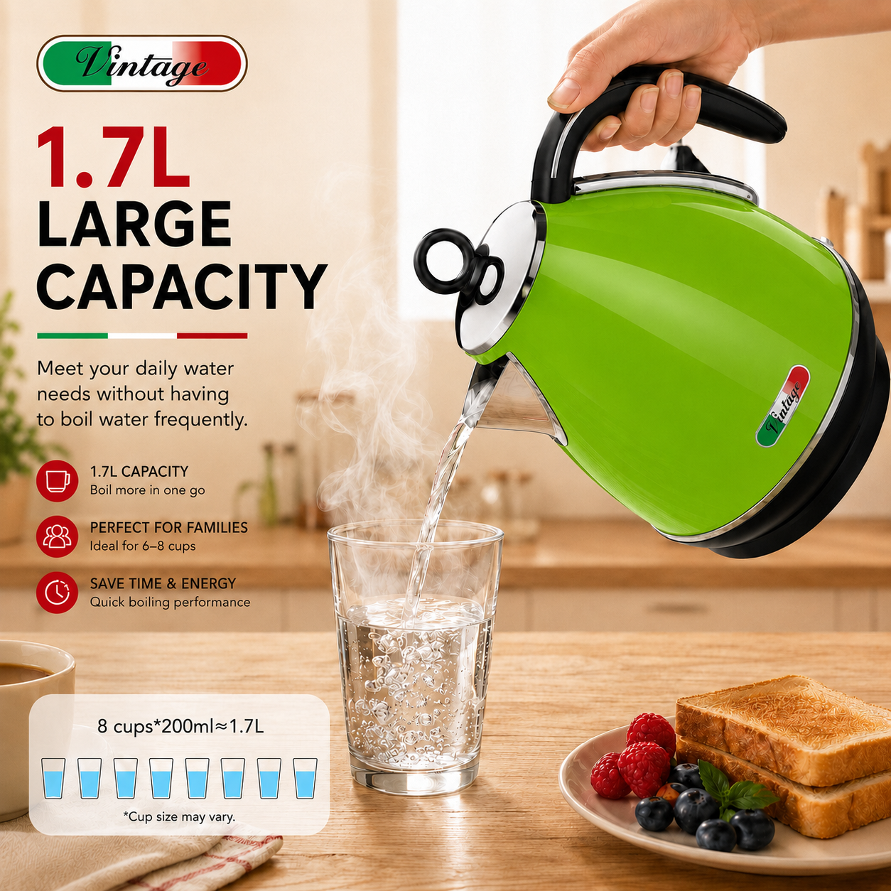 Vintage Lime Green Electric Kettle and 4-Slice Toaster Combo Set - Stainless Steel, Glossy Finish, Auto Shut-Off & Variable Browning Control