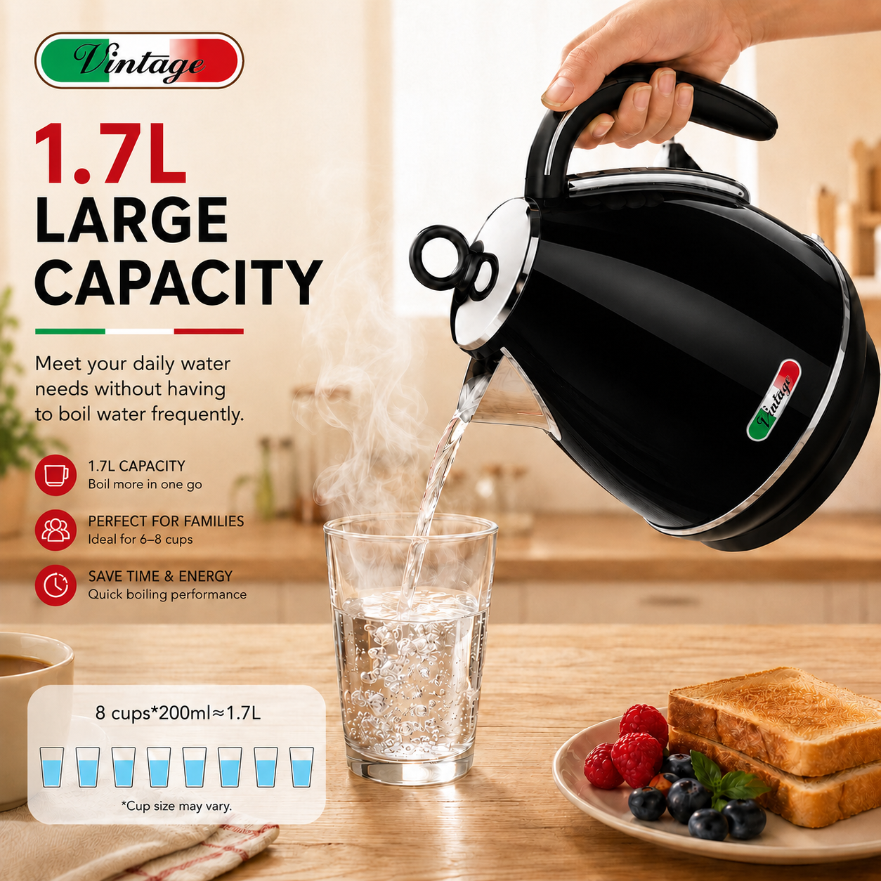 Vintage Black Electric Kettle and 4-Slice Toaster Combo Set - Stainless Steel, Glossy Finish, Auto Shut-Off & Variable Browning Control