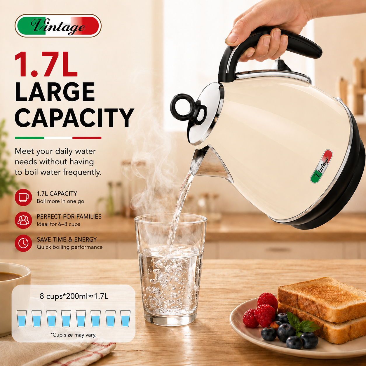 Vintage Cream Electric Kettle and 4-Slice Toaster Combo Set - Stainless Steel, Glossy Finish, Auto Shut-Off & Variable Browning Control