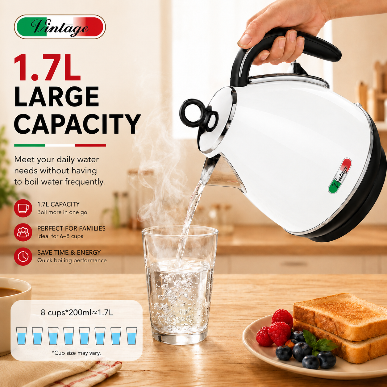 Vintage White Electric Kettle and 4-Slice Toaster Combo Set - Stainless Steel, Glossy Finish, Auto Shut-Off & Variable Browning Control