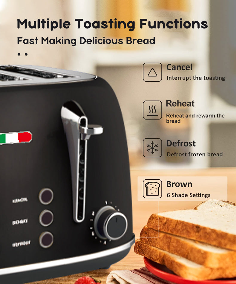 Vintage 4 Slice Toaster & 1.7L Glass Kettle Set - Black Modern Design - LED, Browning Control, Keep Warm - Chrome Trim - Stylish Kitchen Combo