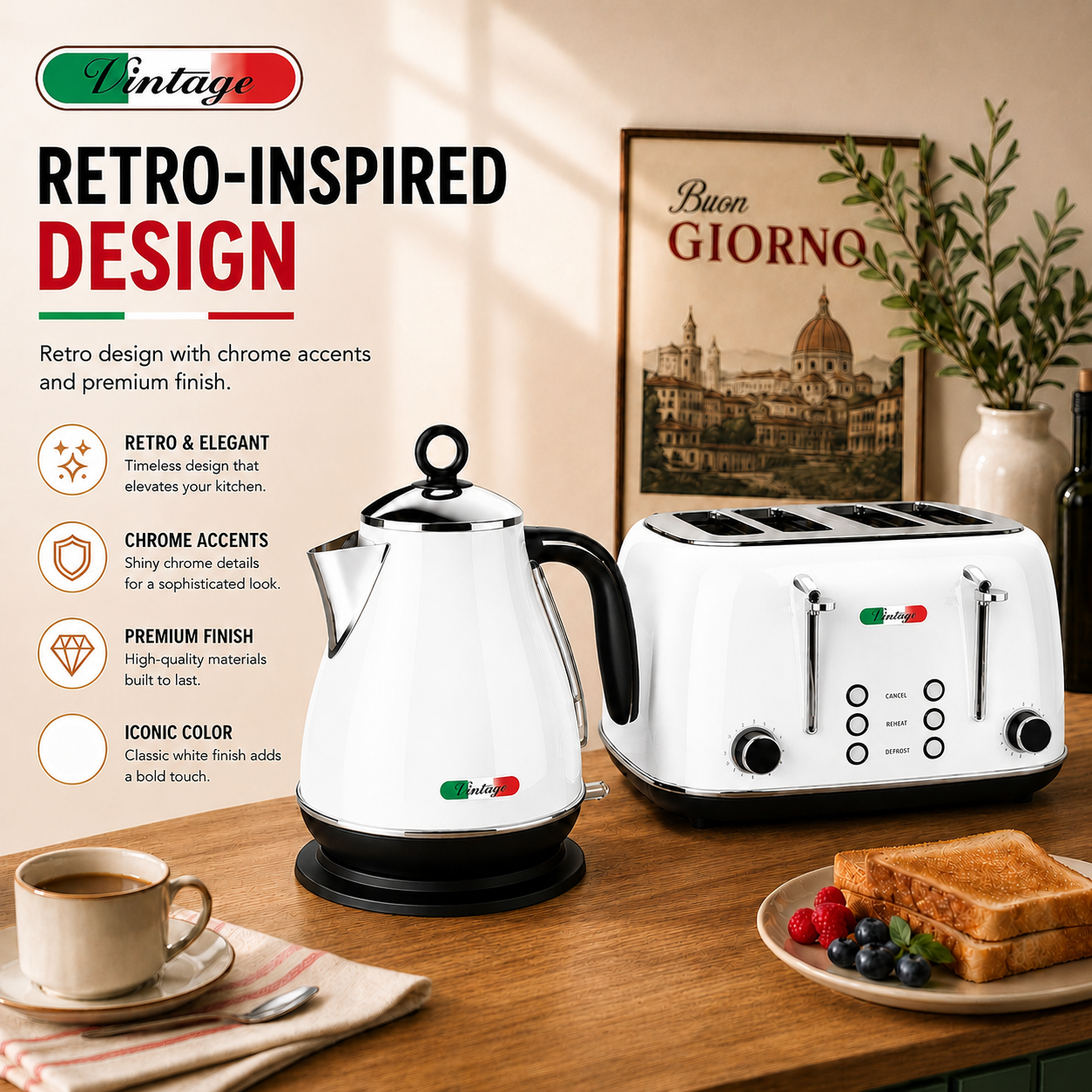 Vintage White Electric Kettle and 4-Slice Toaster Combo Set - Stainless Steel, Glossy Finish, Auto Shut-Off & Variable Browning Control