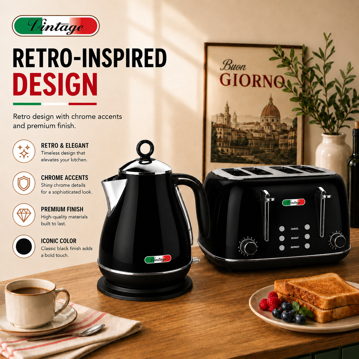 Vintage Black Electric Kettle and 4-Slice Toaster Combo Set - Stainless Steel, Glossy Finish, Auto Shut-Off & Variable Browning Control