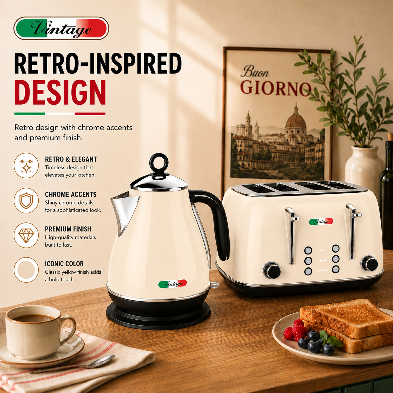 Vintage Cream Electric Kettle and 4-Slice Toaster Combo Set - Stainless Steel, Glossy Finish, Auto Shut-Off & Variable Browning Control