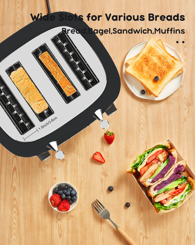 Vintage 4 Slice Toaster & 1.7L Glass Kettle Set - Black Modern Design - LED, Browning Control, Keep Warm - Chrome Trim - Stylish Kitchen Combo