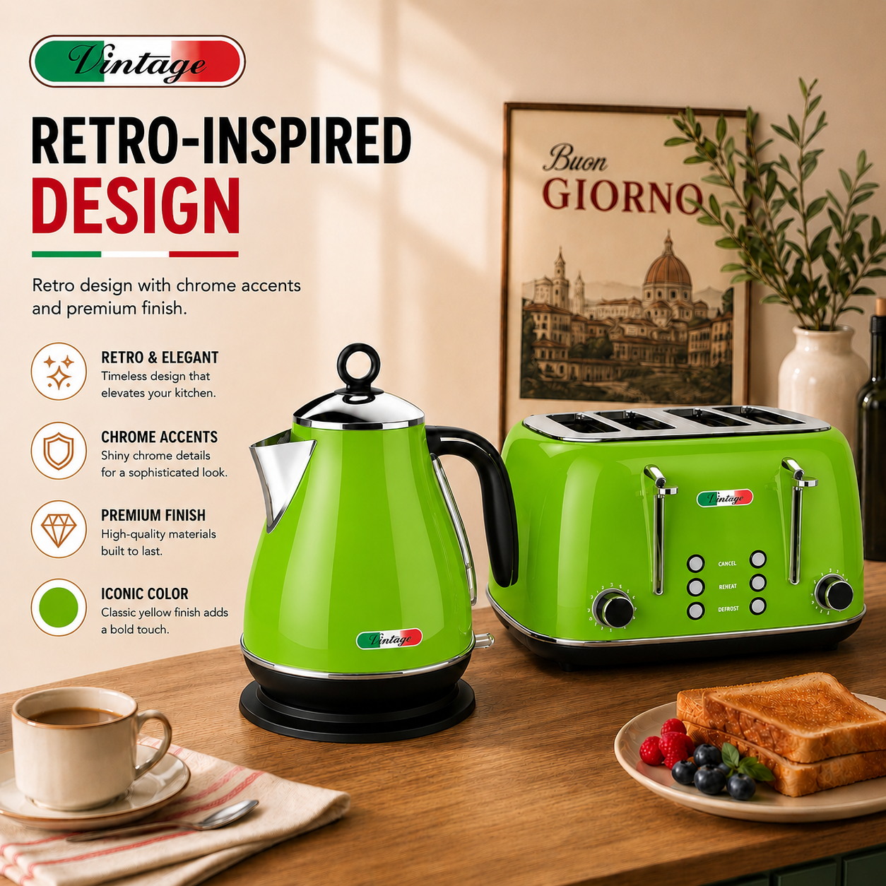 Vintage Lime Green Electric Kettle and 4-Slice Toaster Combo Set - Stainless Steel, Glossy Finish, Auto Shut-Off & Variable Browning Control