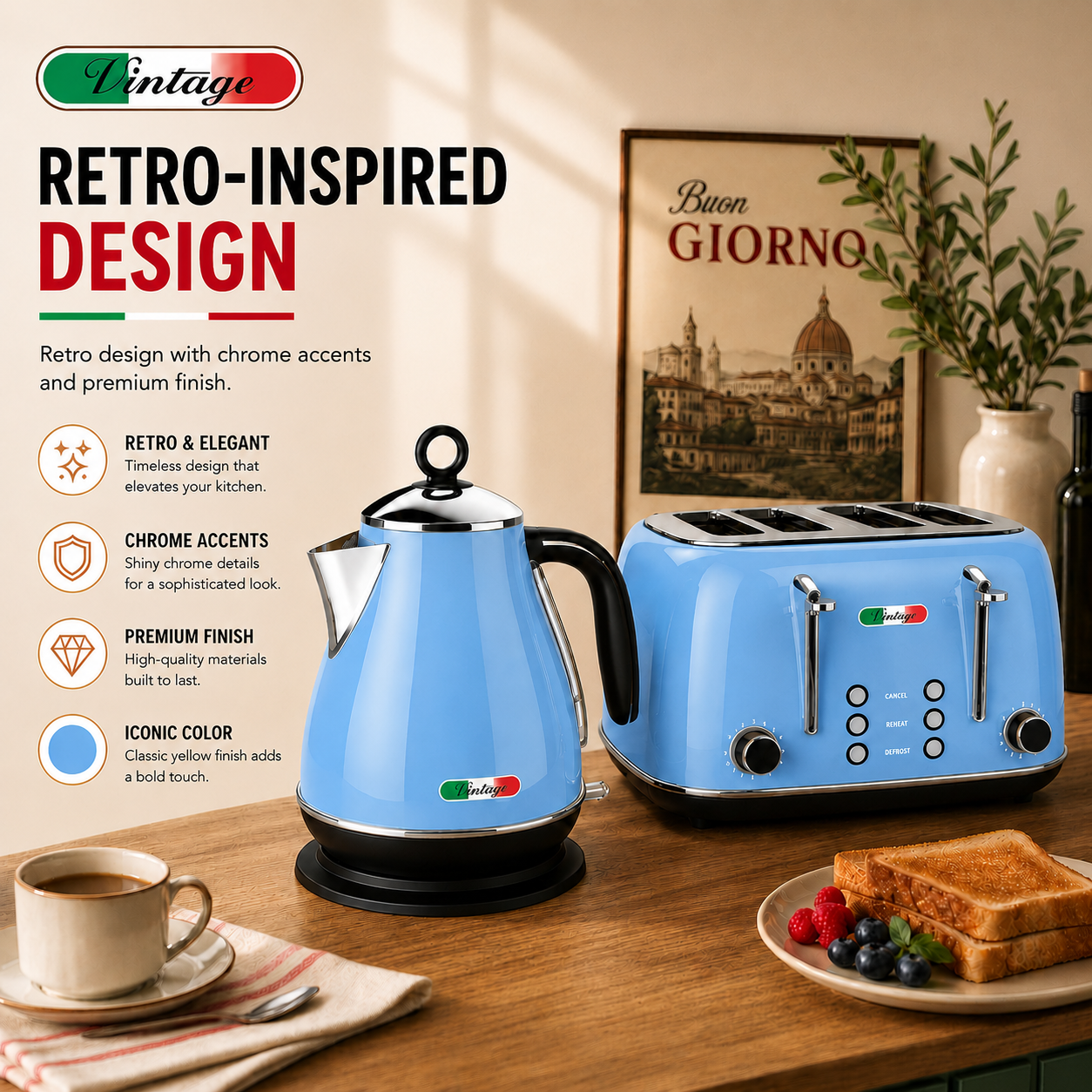 Vintage Sky Blue Electric Kettle and 4-Slice Toaster Combo Set - Stainless Steel, Glossy Finish, Auto Shut-Off & Variable Browning Control