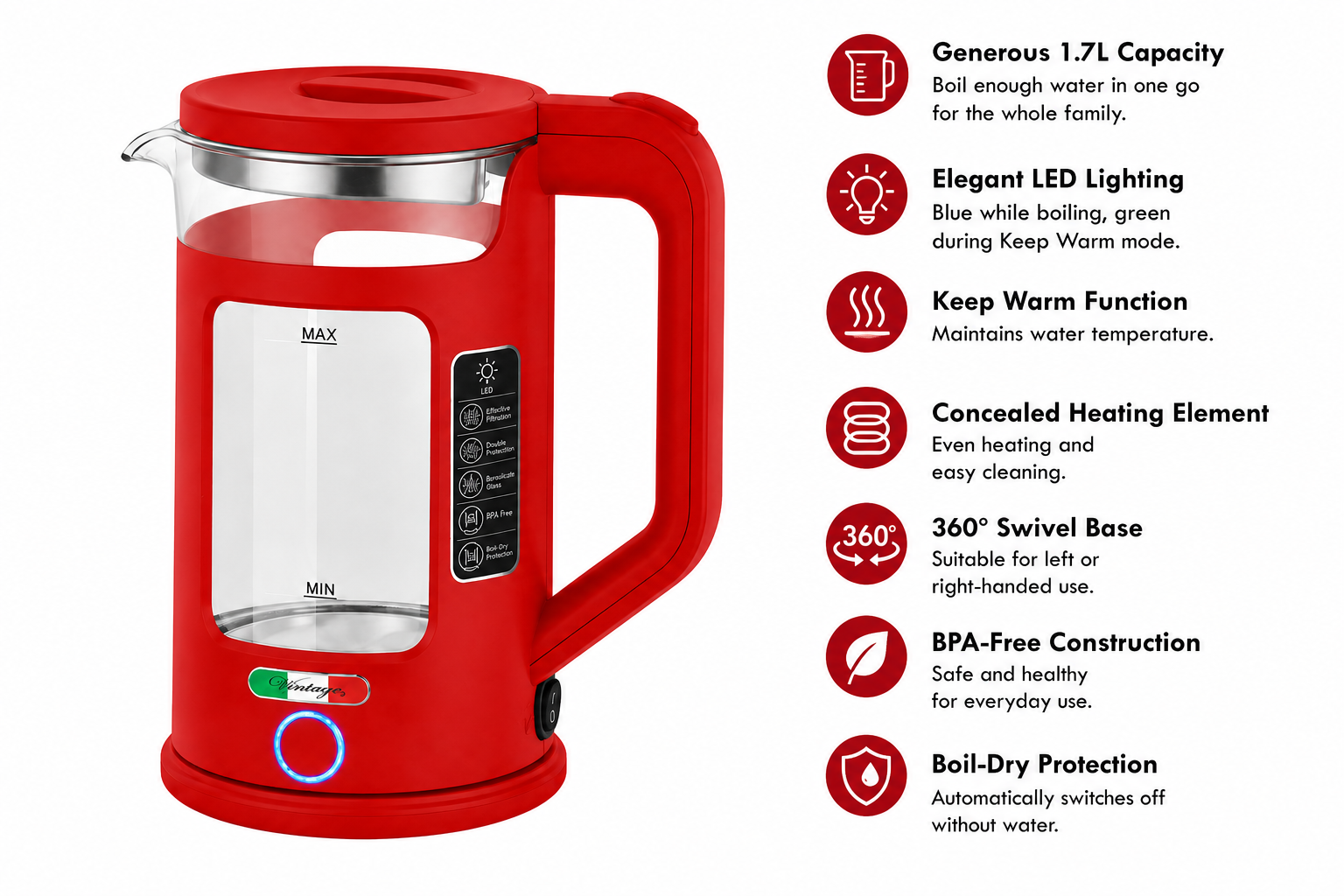 Vintage 1.7L Glass Electric Kettle with LED Light, Keep Warm & Boil-Dry Protection - Red