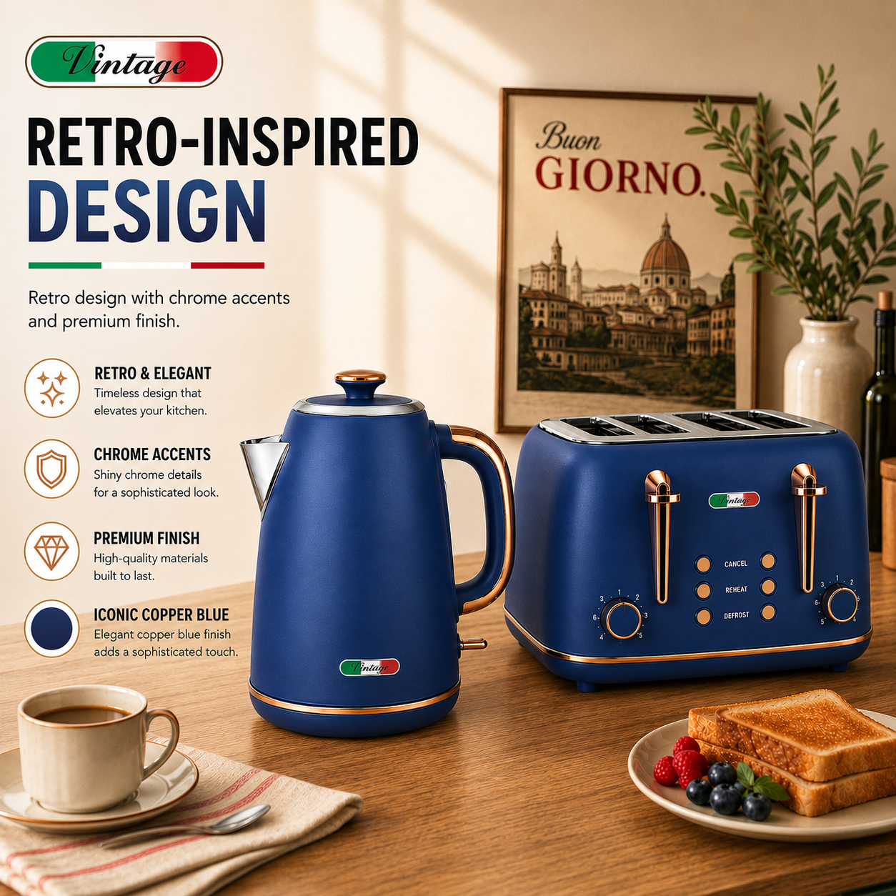 Vintage Copper Blue Electric Kettle and 4-Slice Toaster Combo Set - Stainless Steel, Glossy Finish, Auto Shut-Off & Variable Browning Control