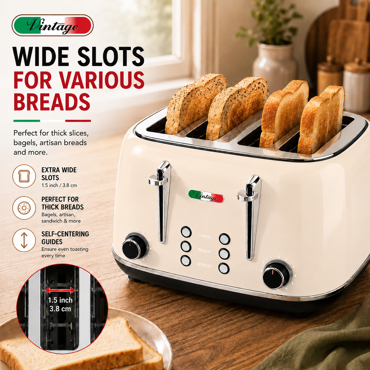 Vintage Cream Electric Kettle and 4-Slice Toaster Combo Set - Stainless Steel, Glossy Finish, Auto Shut-Off & Variable Browning Control