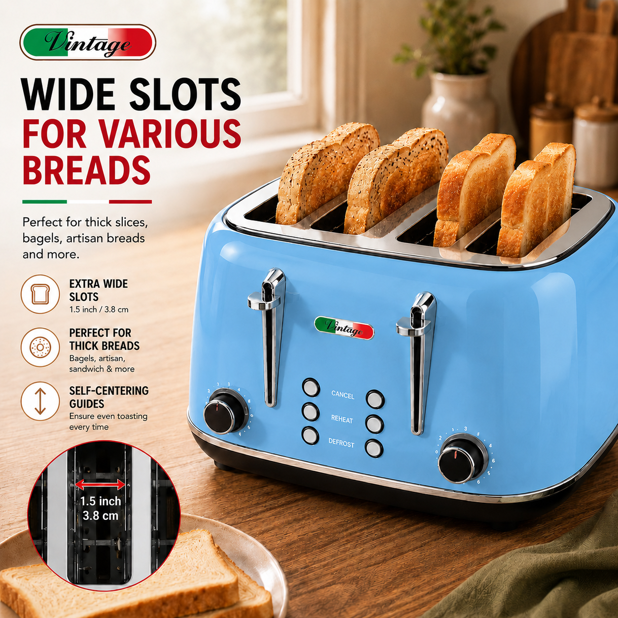 Vintage Sky Blue Electric Kettle and 4-Slice Toaster Combo Set - Stainless Steel, Glossy Finish, Auto Shut-Off & Variable Browning Control