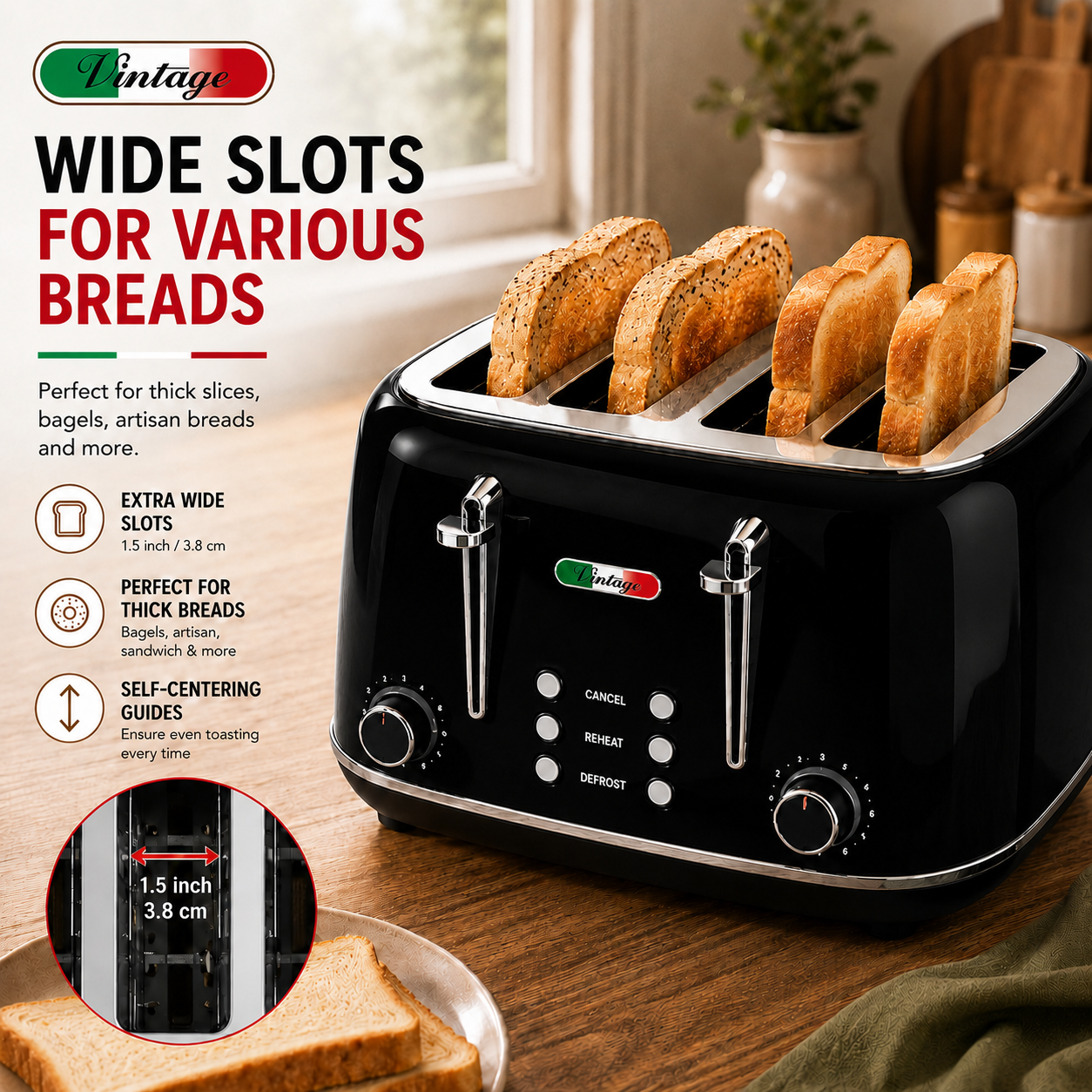 Vintage Black Electric Kettle and 4-Slice Toaster Combo Set - Stainless Steel, Glossy Finish, Auto Shut-Off & Variable Browning Control