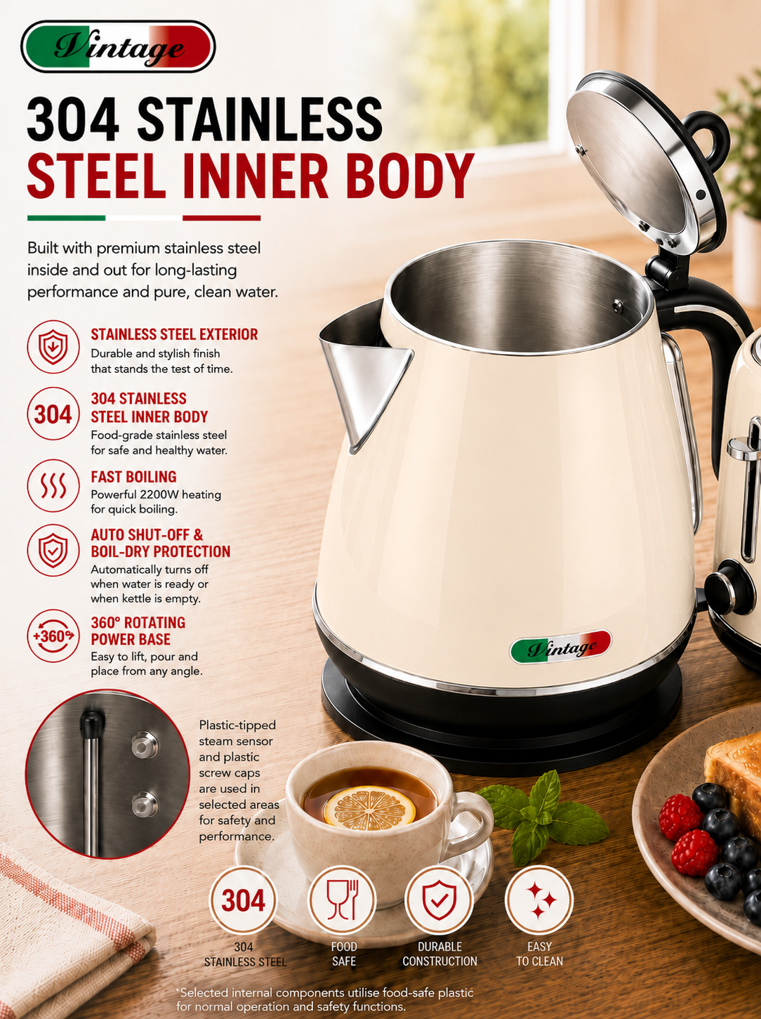 Vintage Cream Electric Kettle and 4-Slice Toaster Combo Set - Stainless Steel, Glossy Finish, Auto Shut-Off & Variable Browning Control