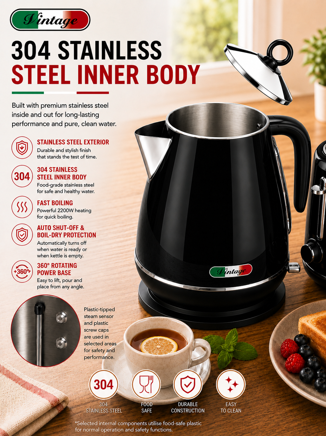 Vintage Black Electric Kettle and 4-Slice Toaster Combo Set - Stainless Steel, Glossy Finish, Auto Shut-Off & Variable Browning Control