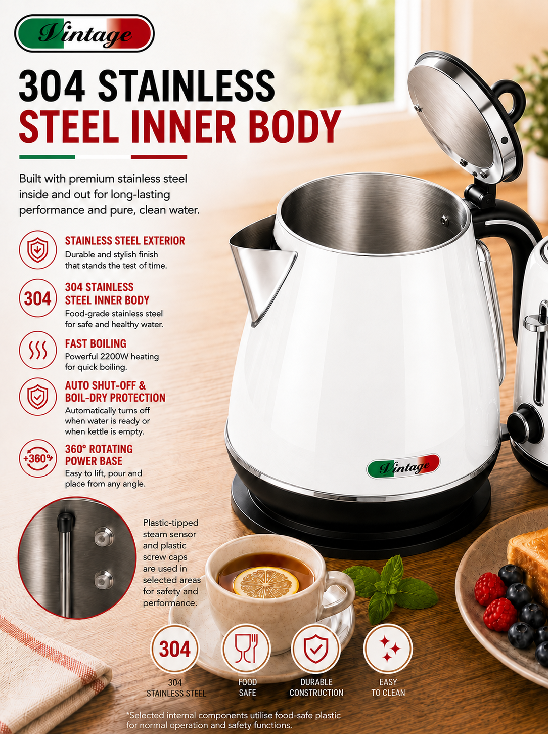 Vintage White Electric Kettle and 4-Slice Toaster Combo Set - Stainless Steel, Glossy Finish, Auto Shut-Off & Variable Browning Control