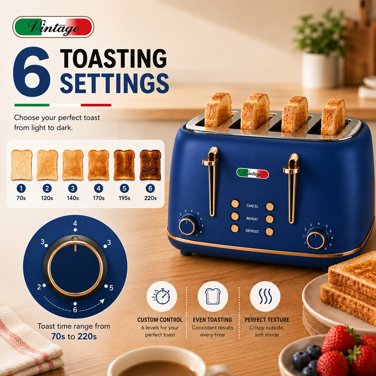 Vintage Copper Blue Electric Kettle and 4-Slice Toaster Combo Set - Stainless Steel, Glossy Finish, Auto Shut-Off & Variable Browning Control