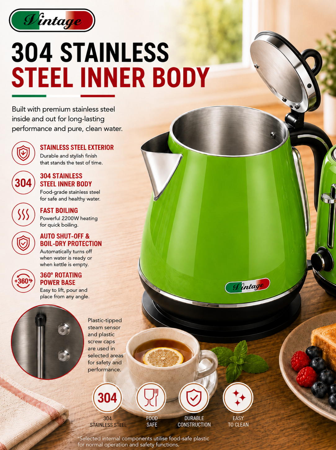 Vintage Lime Green Electric Kettle and 4-Slice Toaster Combo Set - Stainless Steel, Glossy Finish, Auto Shut-Off & Variable Browning Control
