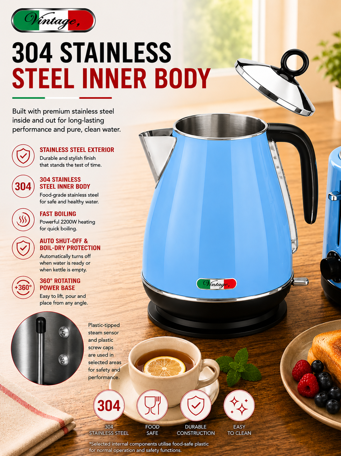 Vintage Sky Blue Electric Kettle and 4-Slice Toaster Combo Set - Stainless Steel, Glossy Finish, Auto Shut-Off & Variable Browning Control