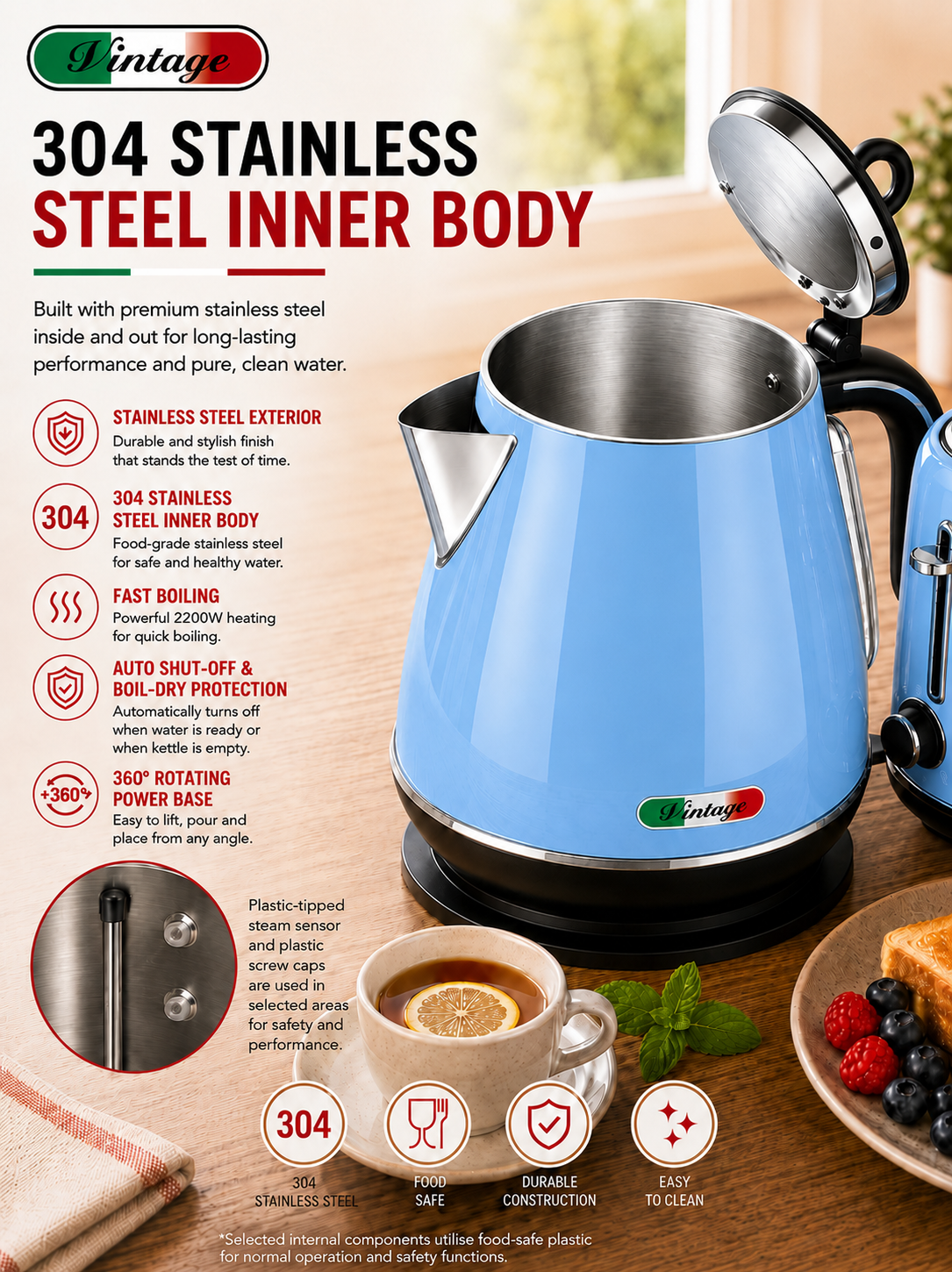 Vintage Sky Blue Electric Kettle and 4-Slice Toaster Combo Set - Stainless Steel, Glossy Finish, Auto Shut-Off & Variable Browning Control