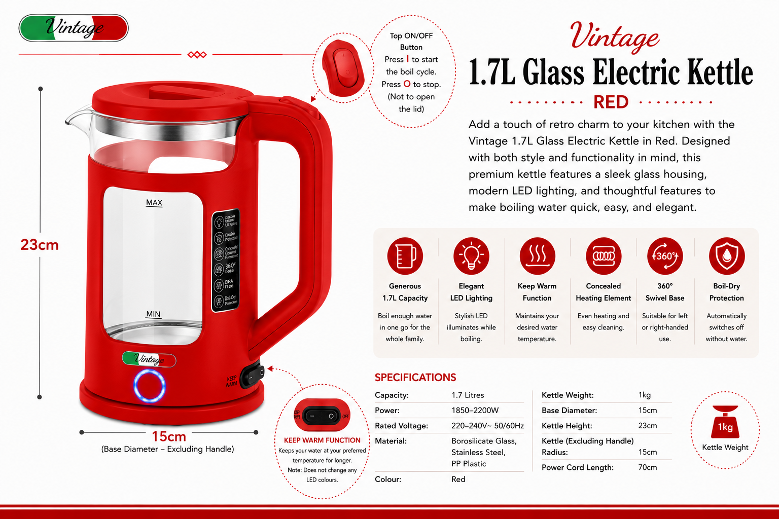 Vintage 1.7L Glass Electric Kettle with LED Light, Keep Warm & Boil-Dry Protection - Red