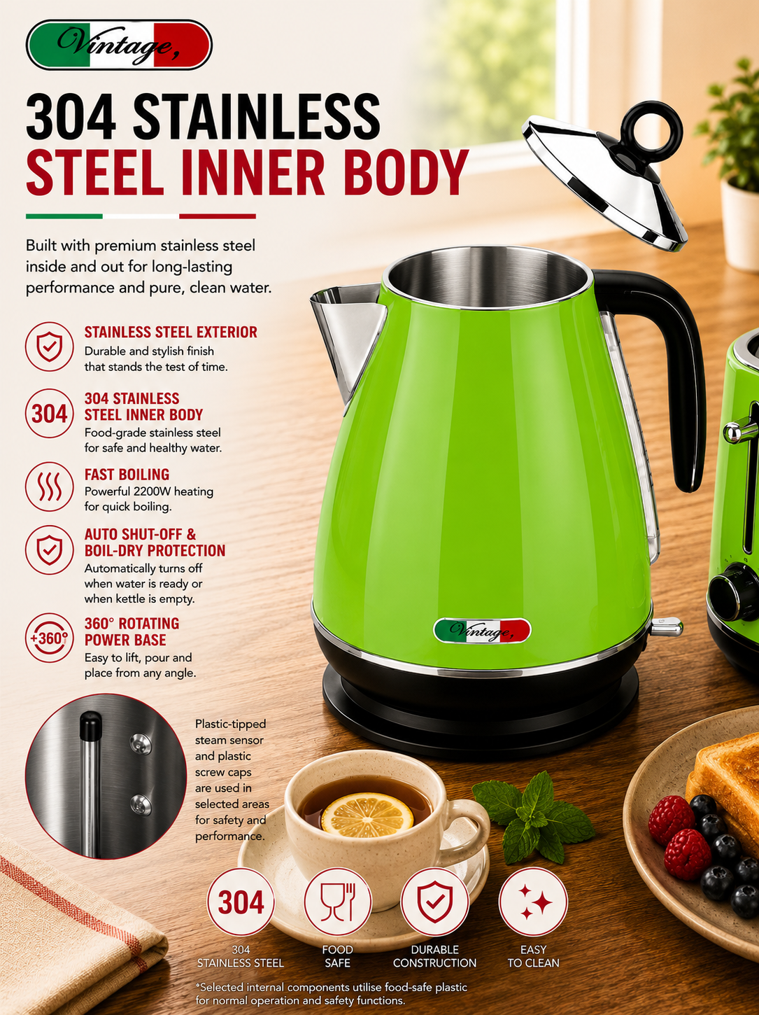 Vintage Lime Green Electric Kettle and 4-Slice Toaster Combo Set - Stainless Steel, Glossy Finish, Auto Shut-Off & Variable Browning Control