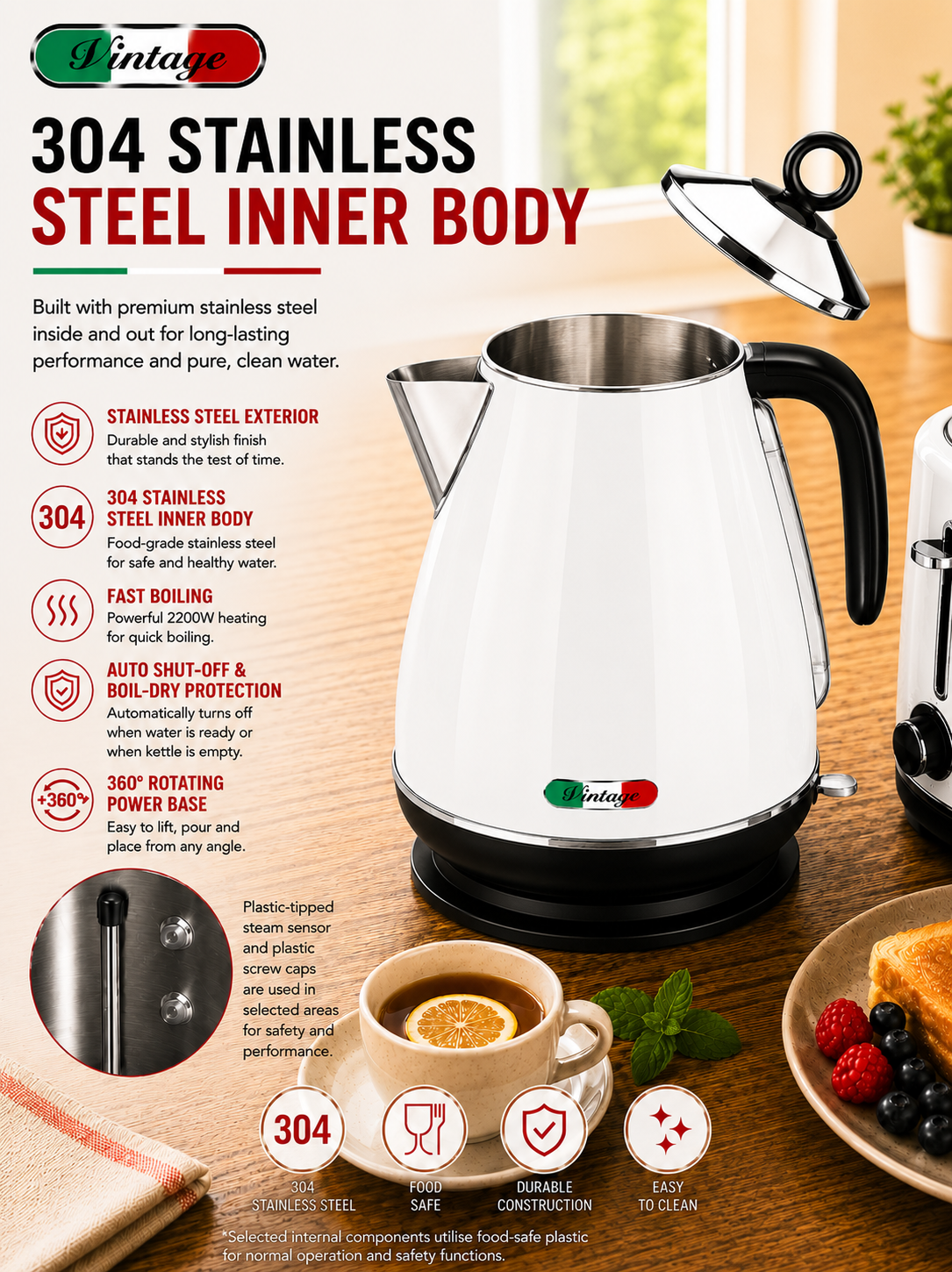 Vintage White Electric Kettle and 4-Slice Toaster Combo Set - Stainless Steel, Glossy Finish, Auto Shut-Off & Variable Browning Control