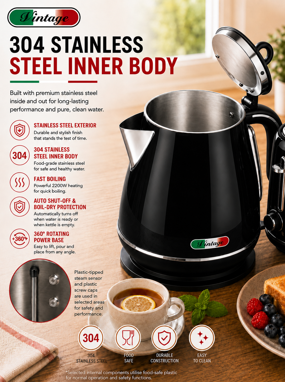 Vintage Black Electric Kettle and 4-Slice Toaster Combo Set - Stainless Steel, Glossy Finish, Auto Shut-Off & Variable Browning Control