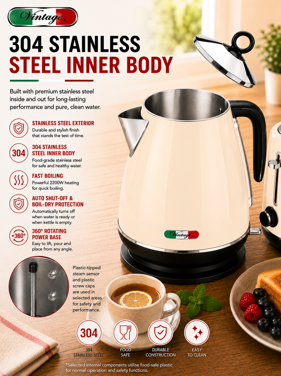 Vintage Cream Electric Kettle and 4-Slice Toaster Combo Set - Stainless Steel, Glossy Finish, Auto Shut-Off & Variable Browning Control