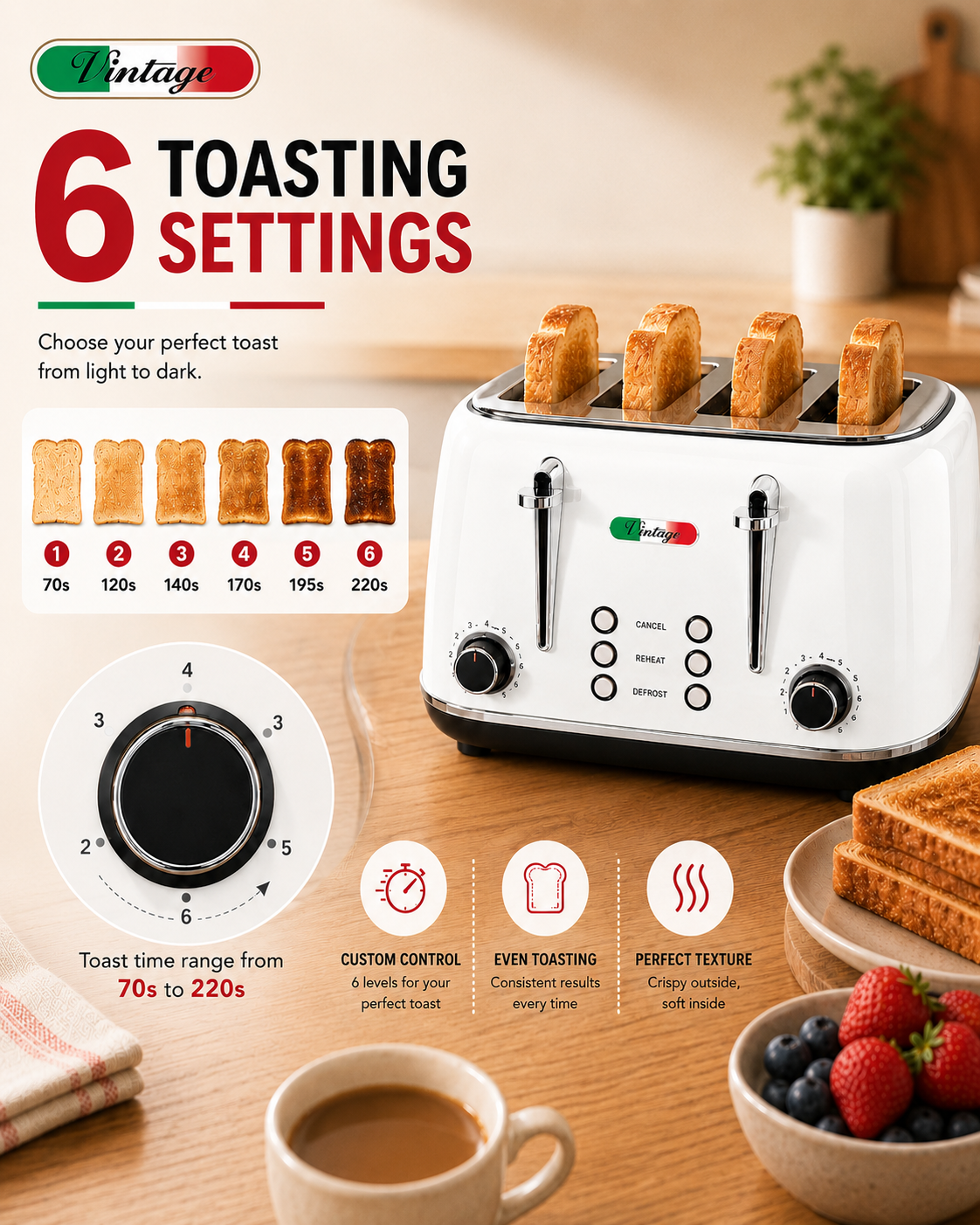 Vintage White Electric Kettle and 4-Slice Toaster Combo Set - Stainless Steel, Glossy Finish, Auto Shut-Off & Variable Browning Control