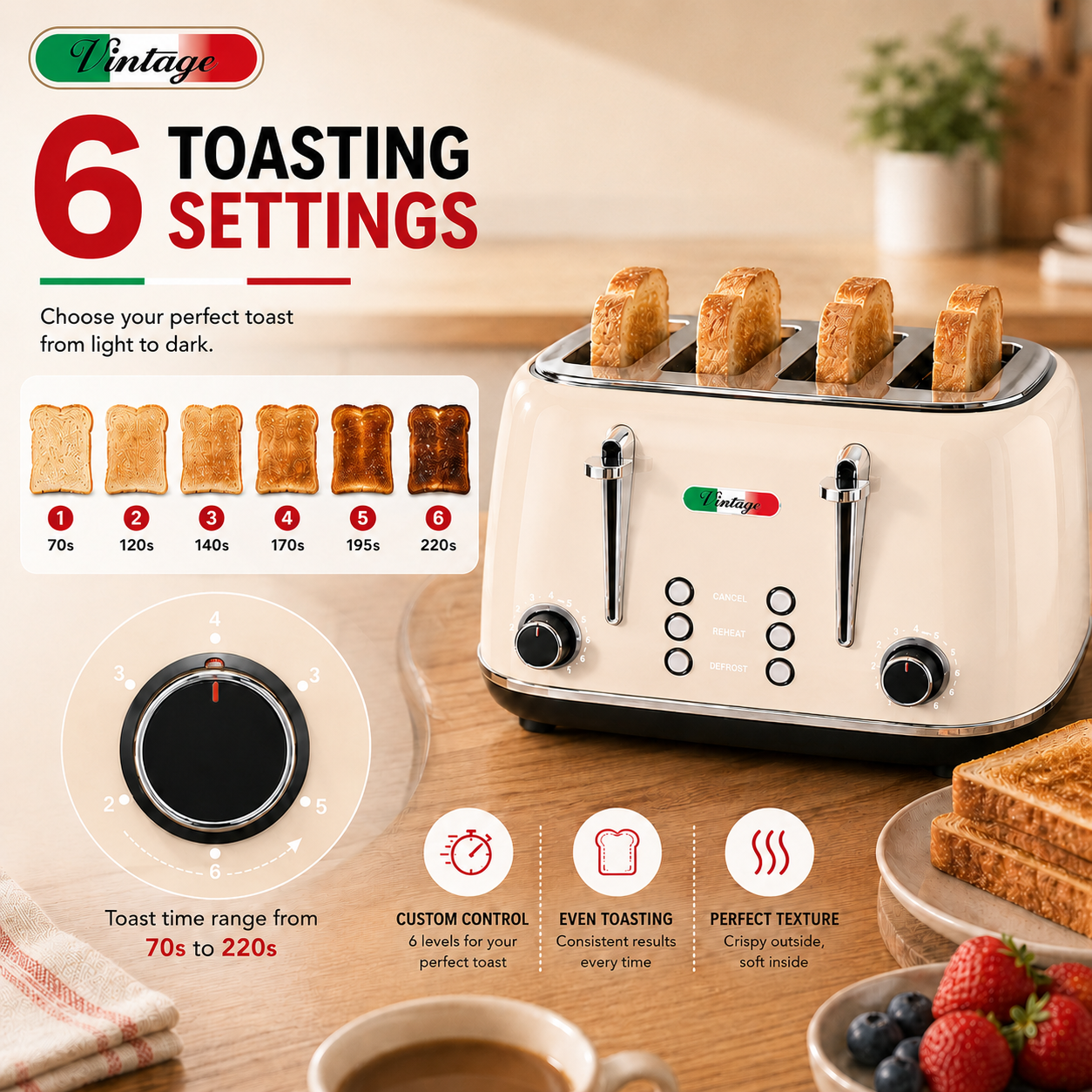 Vintage Cream Electric Kettle and 4-Slice Toaster Combo Set - Stainless Steel, Glossy Finish, Auto Shut-Off & Variable Browning Control