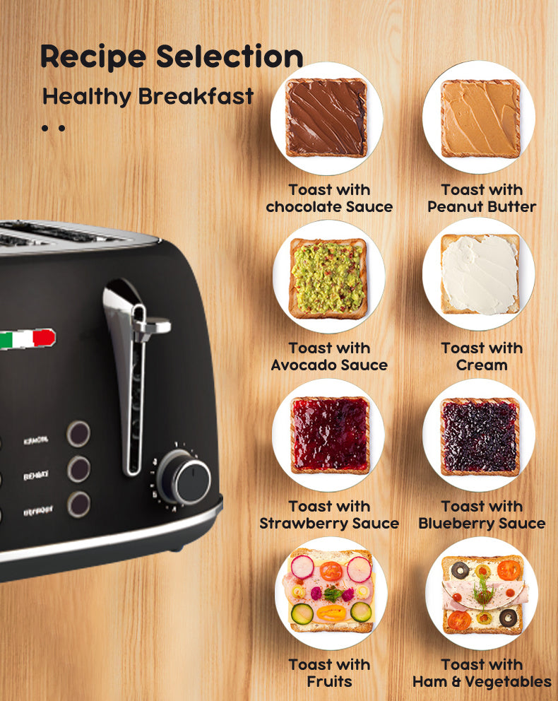 Vintage 4 Slice Toaster & 1.7L Glass Kettle Set - Black Modern Design - LED, Browning Control, Keep Warm - Chrome Trim - Stylish Kitchen Combo