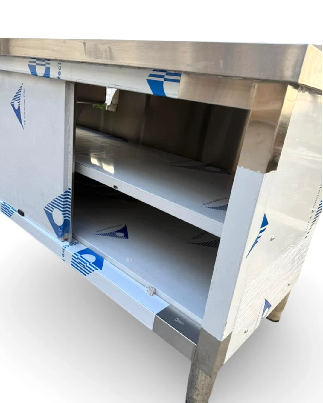 180cm Stainless Steel Table Heavy Duty Bench(2 Sinks,Storage Shelf & slide door)