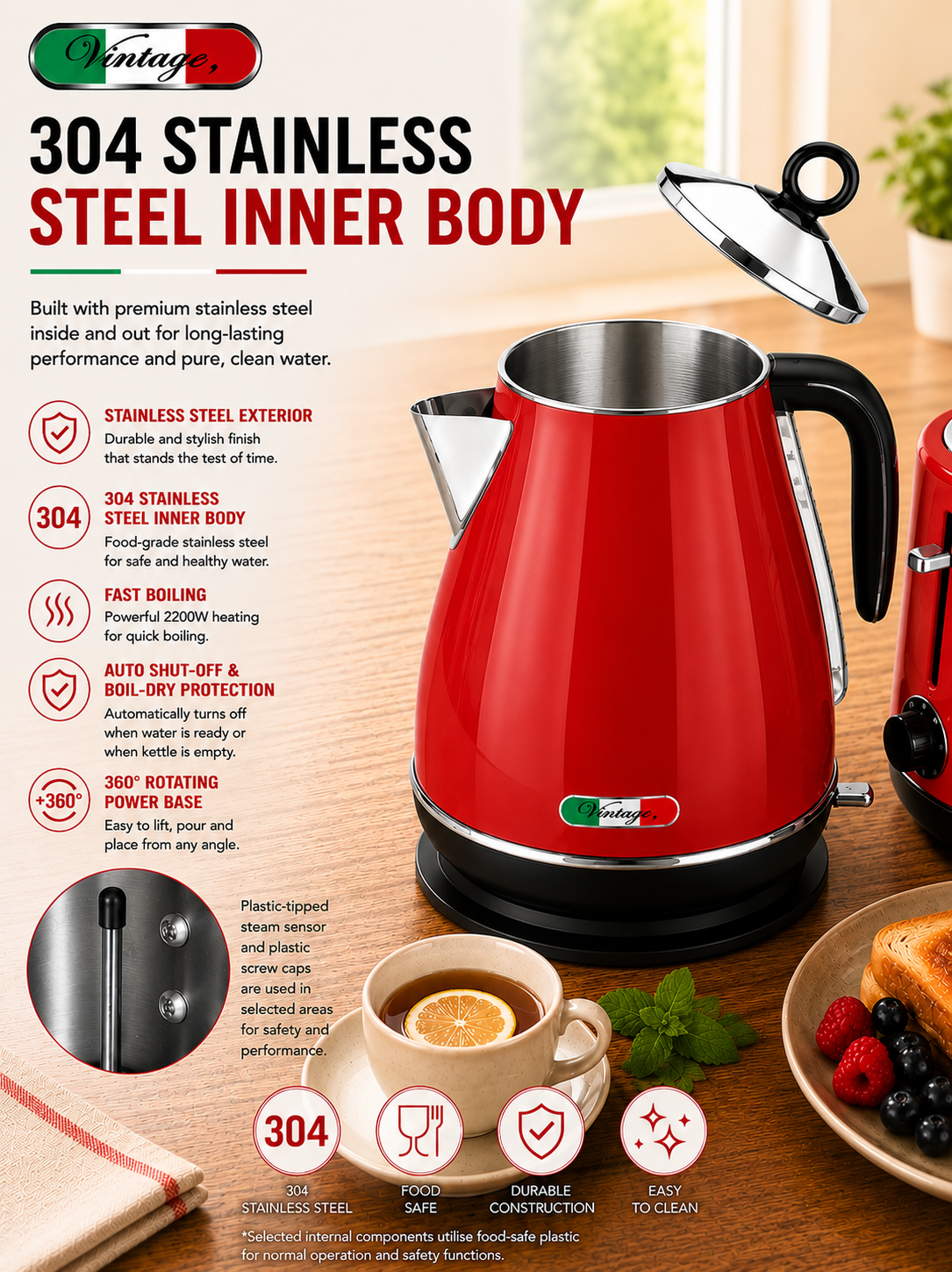Vintage Red Electric Kettle and 4-Slice Toaster Combo Set - Stainless Steel, Glossy Finish, Auto Shut-Off & Variable Browning Control