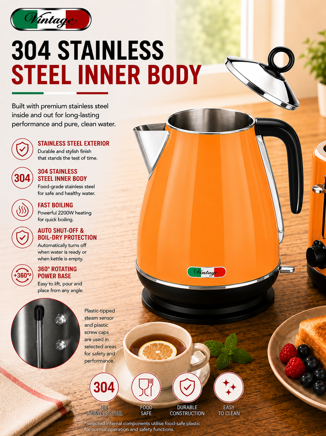 Vintage Mango Orange Electric Kettle and 4-Slice Toaster Combo Set - Stainless Steel, Glossy Finish, Auto Shut-Off & Variable Browning Control