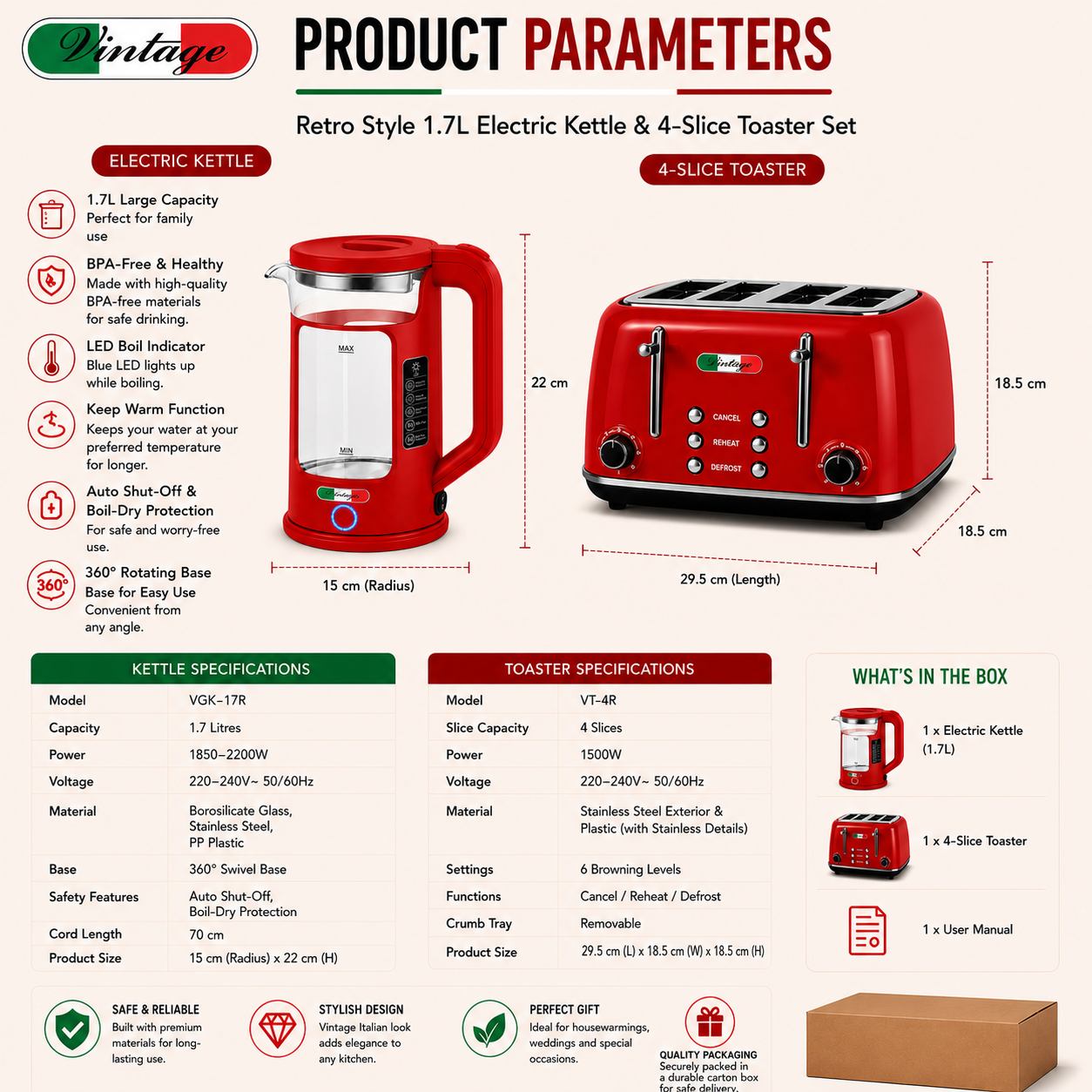 Vintage 4 Slice Toaster and 1.7L Glass Kettle Set - Red Modern Design - LED, Browning Control, Keep Warm - Chrome Trim - Stylish Kitchen Combo