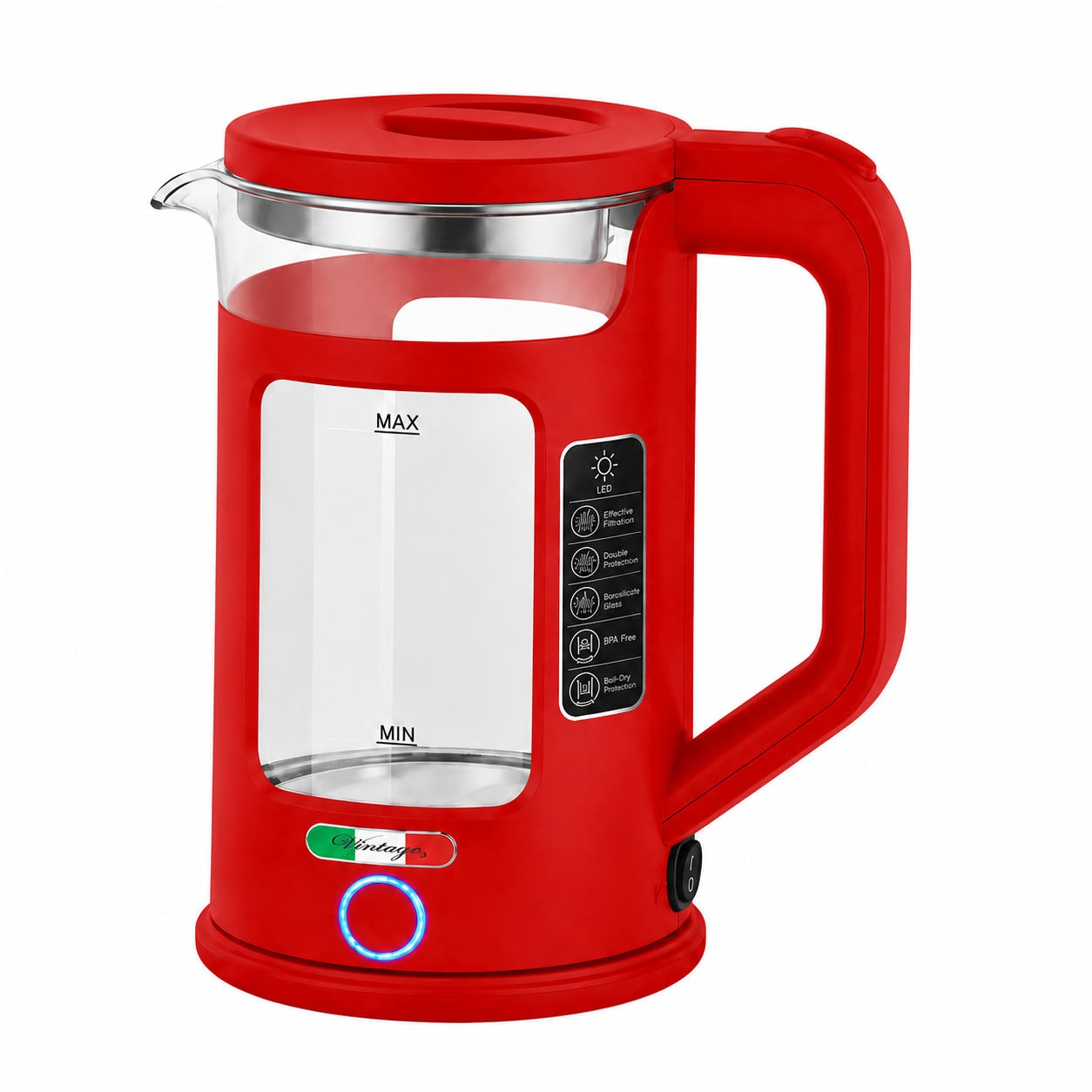 Vintage 4 Slice Toaster and 1.7L Glass Kettle Set - Red Modern Design - LED, Browning Control, Keep Warm - Chrome Trim - Stylish Kitchen Combo