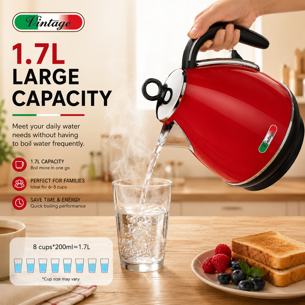 Vintage Red Electric Kettle and 4-Slice Toaster Combo Set - Stainless Steel, Glossy Finish, Auto Shut-Off & Variable Browning Control