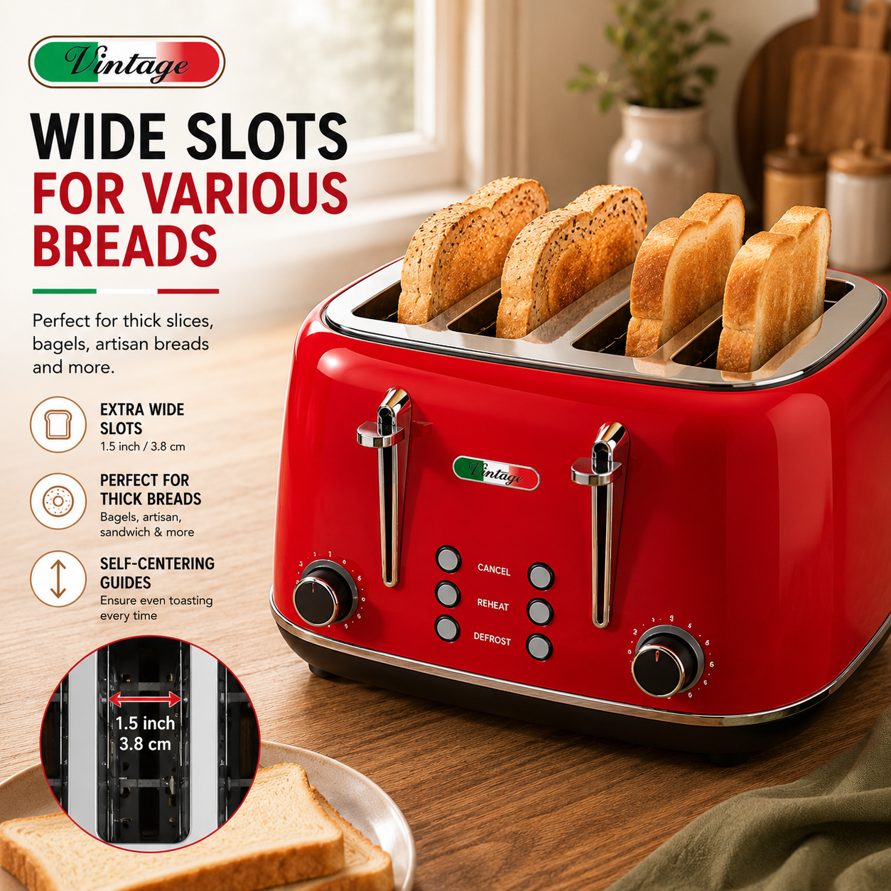 Vintage 4 Slice Toaster and 1.7L Glass Kettle Set - Red Modern Design - LED, Browning Control, Keep Warm - Chrome Trim - Stylish Kitchen Combo