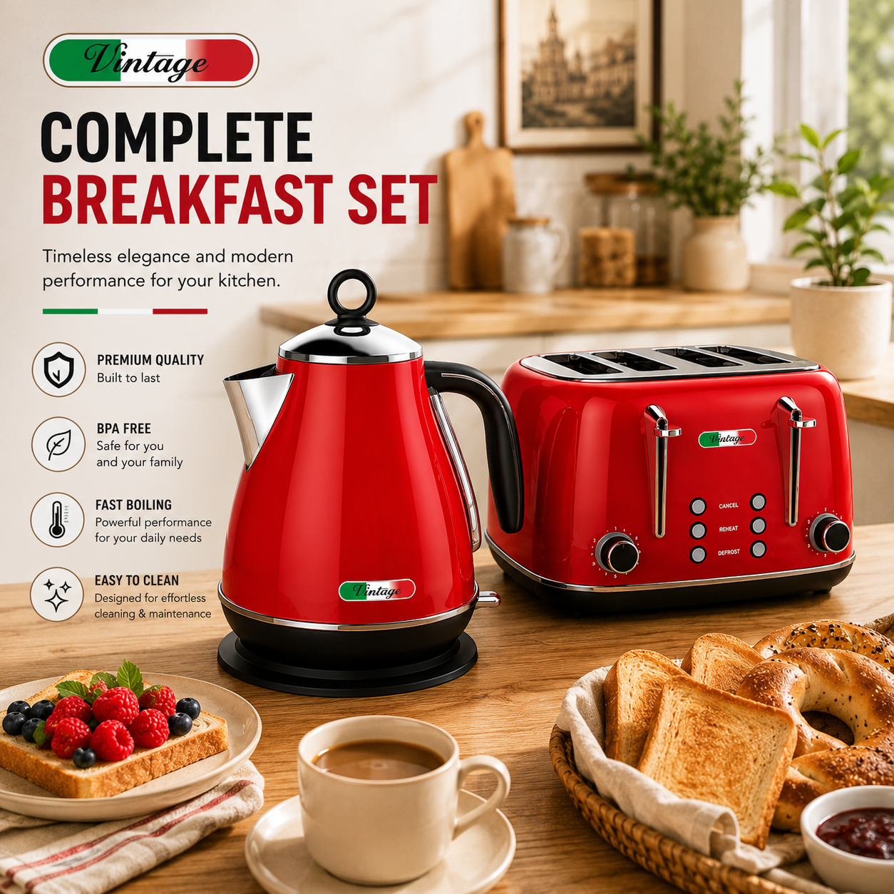 Vintage Red Electric Kettle and 4-Slice Toaster Combo Set - Stainless Steel, Glossy Finish, Auto Shut-Off & Variable Browning Control