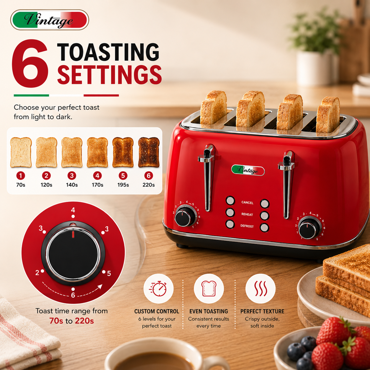Vintage 4 Slice Toaster and 1.7L Glass Kettle Set - Red Modern Design - LED, Browning Control, Keep Warm - Chrome Trim - Stylish Kitchen Combo
