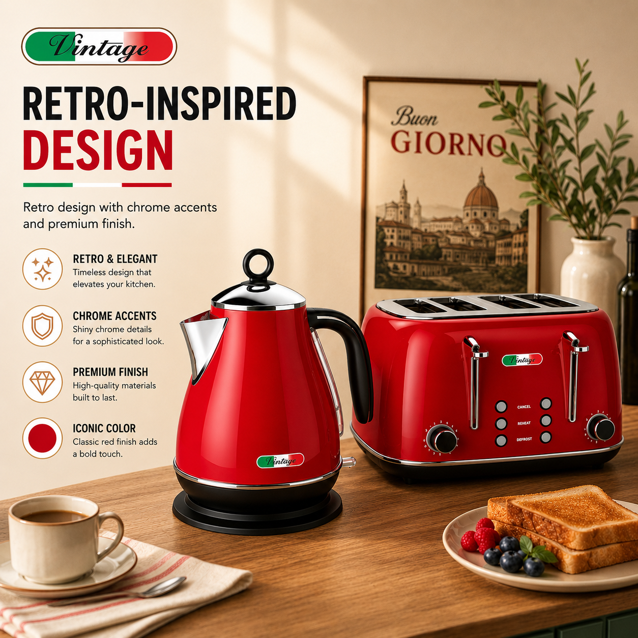 Vintage Red Electric Kettle and 4-Slice Toaster Combo Set - Stainless Steel, Glossy Finish, Auto Shut-Off & Variable Browning Control