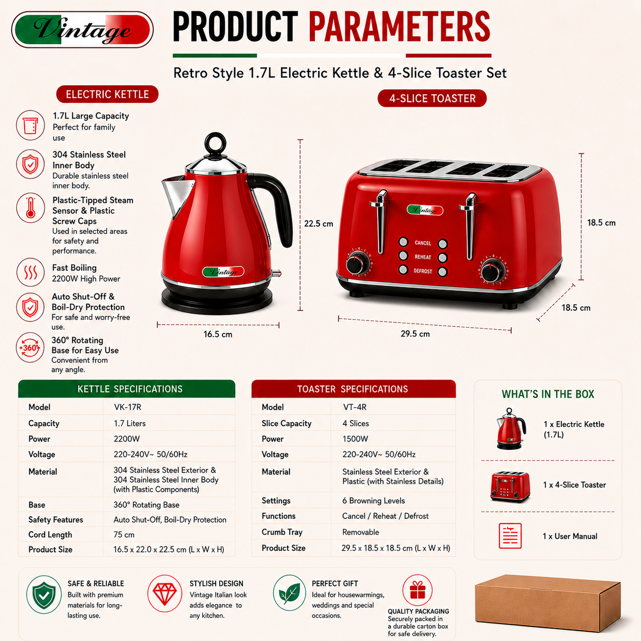 Vintage Red Electric Kettle and 4-Slice Toaster Combo Set - Stainless Steel, Glossy Finish, Auto Shut-Off & Variable Browning Control