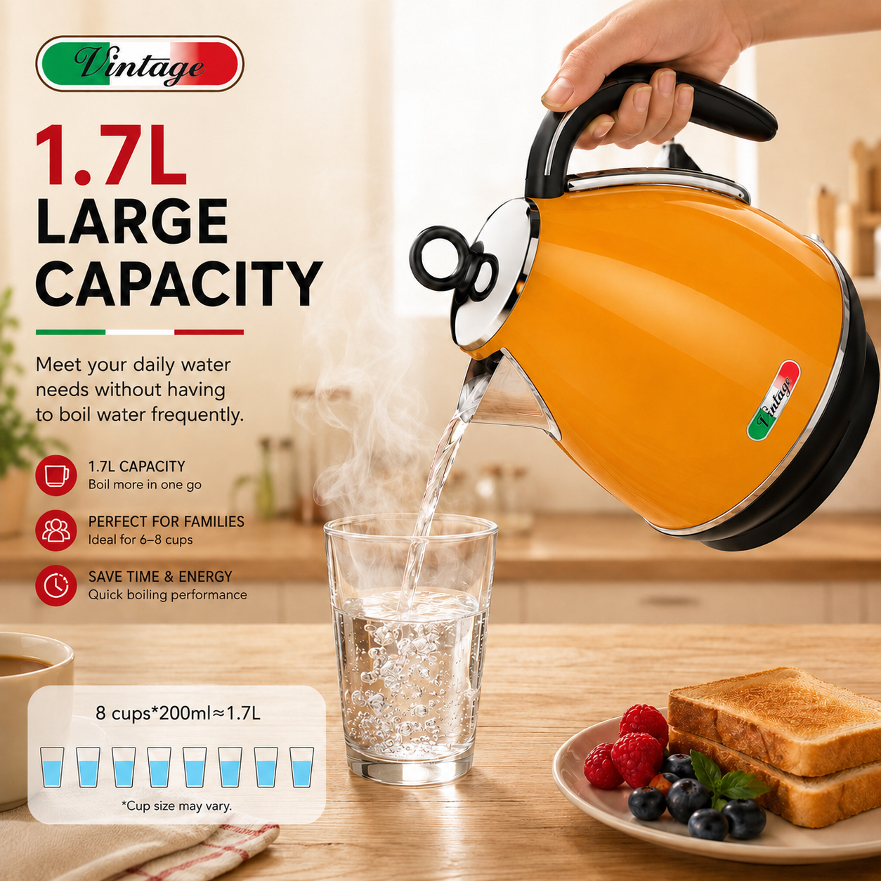 Vintage Mango Orange Electric Kettle and 4-Slice Toaster Combo Set - Stainless Steel, Glossy Finish, Auto Shut-Off & Variable Browning Control