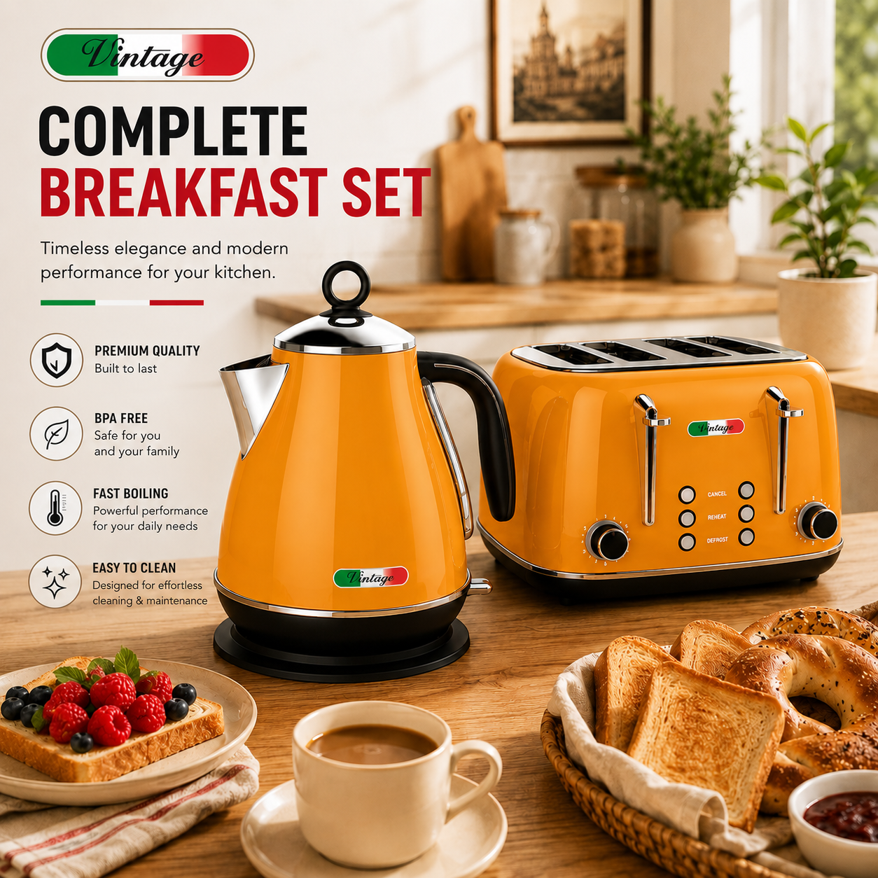 Vintage Mango Orange Electric Kettle and 4-Slice Toaster Combo Set - Stainless Steel, Glossy Finish, Auto Shut-Off & Variable Browning Control