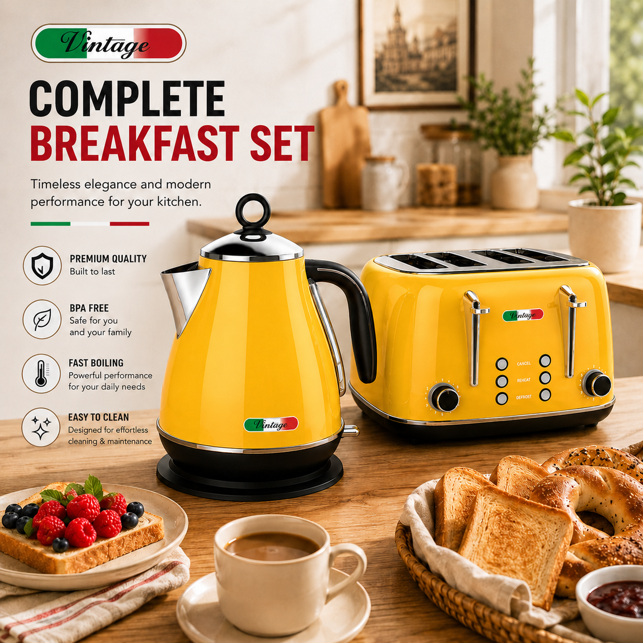 Vintage Yellow Electric Kettle and 4-Slice Toaster Combo Set - Stainless Steel, Glossy Finish, Auto Shut-Off & Variable Browning Control