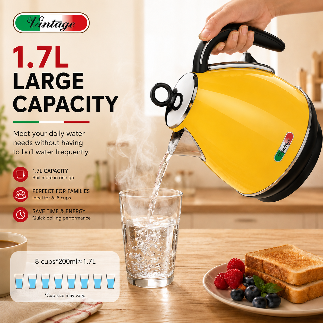 Vintage Yellow Electric Kettle and 4-Slice Toaster Combo Set - Stainless Steel, Glossy Finish, Auto Shut-Off & Variable Browning Control