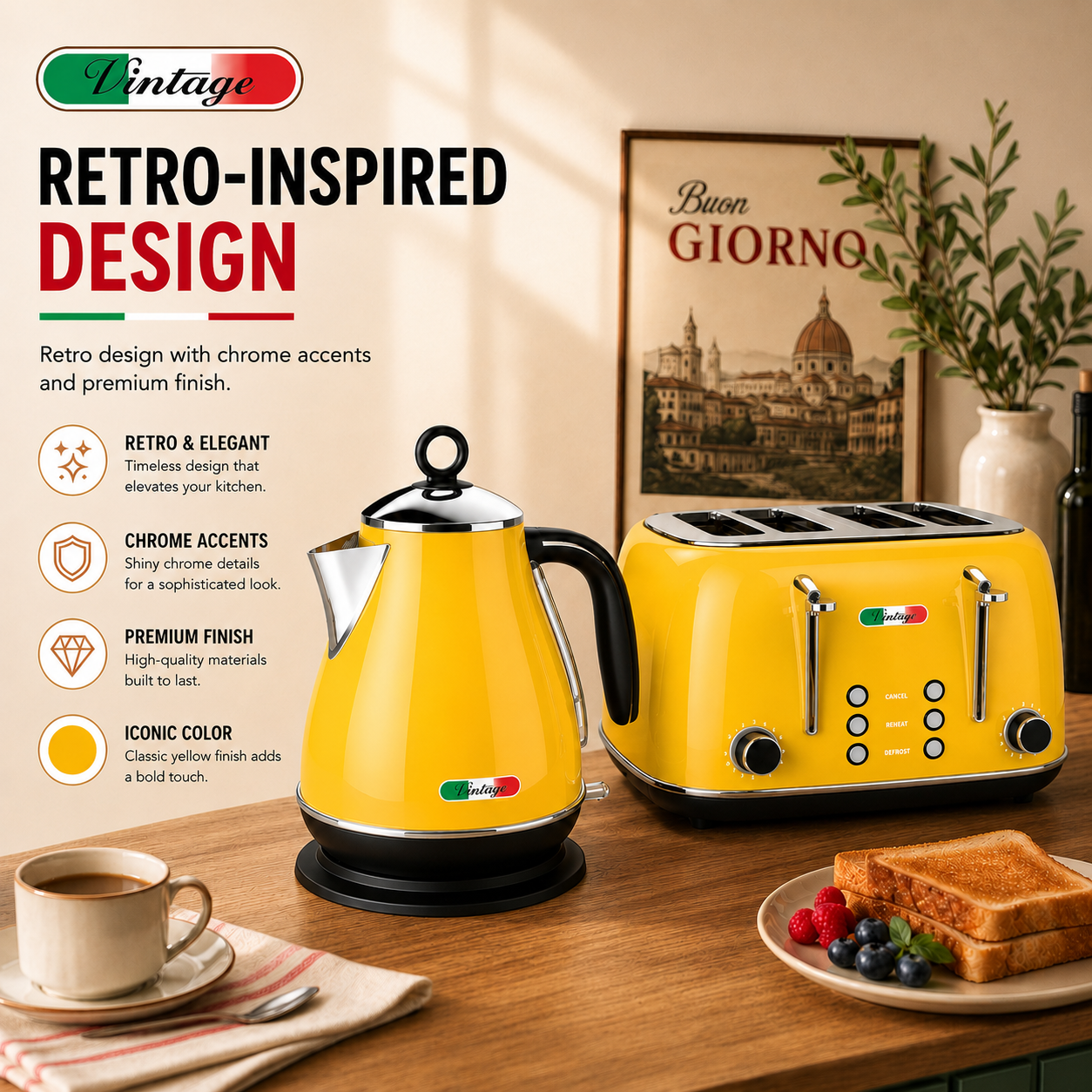 Vintage Yellow Electric Kettle and 4-Slice Toaster Combo Set - Stainless Steel, Glossy Finish, Auto Shut-Off & Variable Browning Control