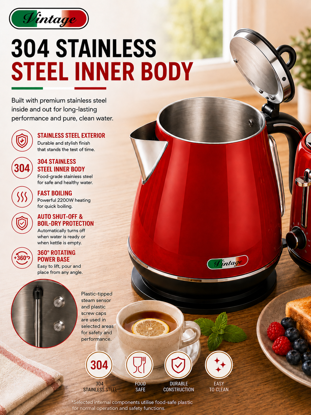 Vintage Red Electric Kettle and 4-Slice Toaster Combo Set - Stainless Steel, Glossy Finish, Auto Shut-Off & Variable Browning Control