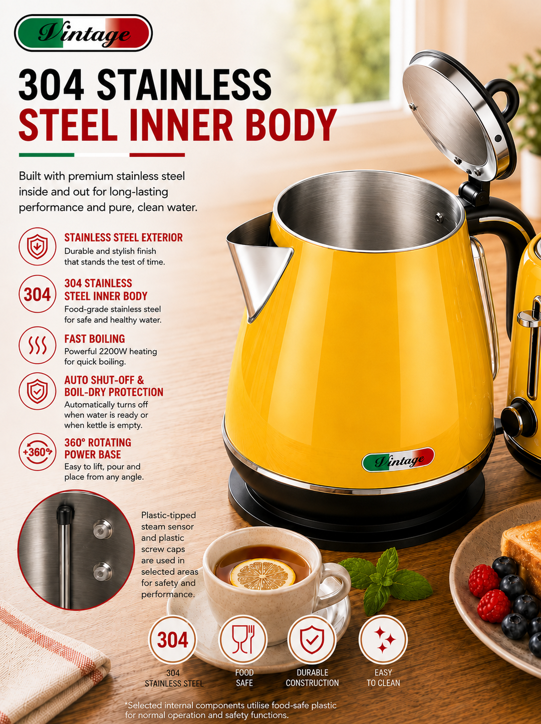 Vintage Yellow Electric Kettle and 4-Slice Toaster Combo Set - Stainless Steel, Glossy Finish, Auto Shut-Off & Variable Browning Control