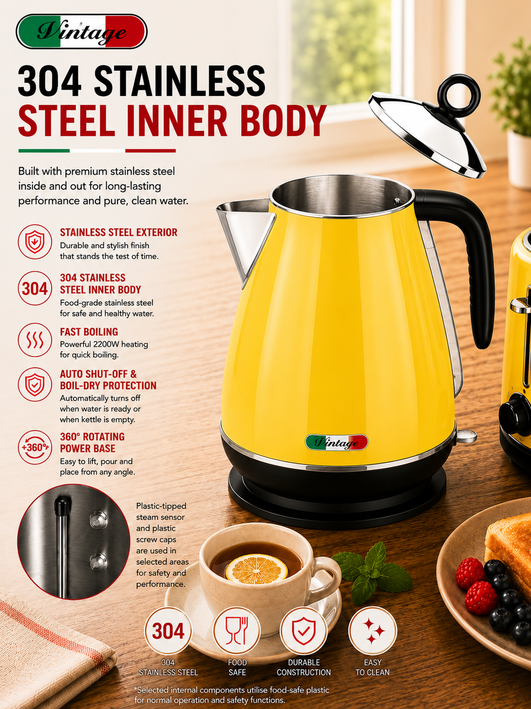 Vintage Yellow Electric Kettle and 4-Slice Toaster Combo Set - Stainless Steel, Glossy Finish, Auto Shut-Off & Variable Browning Control
